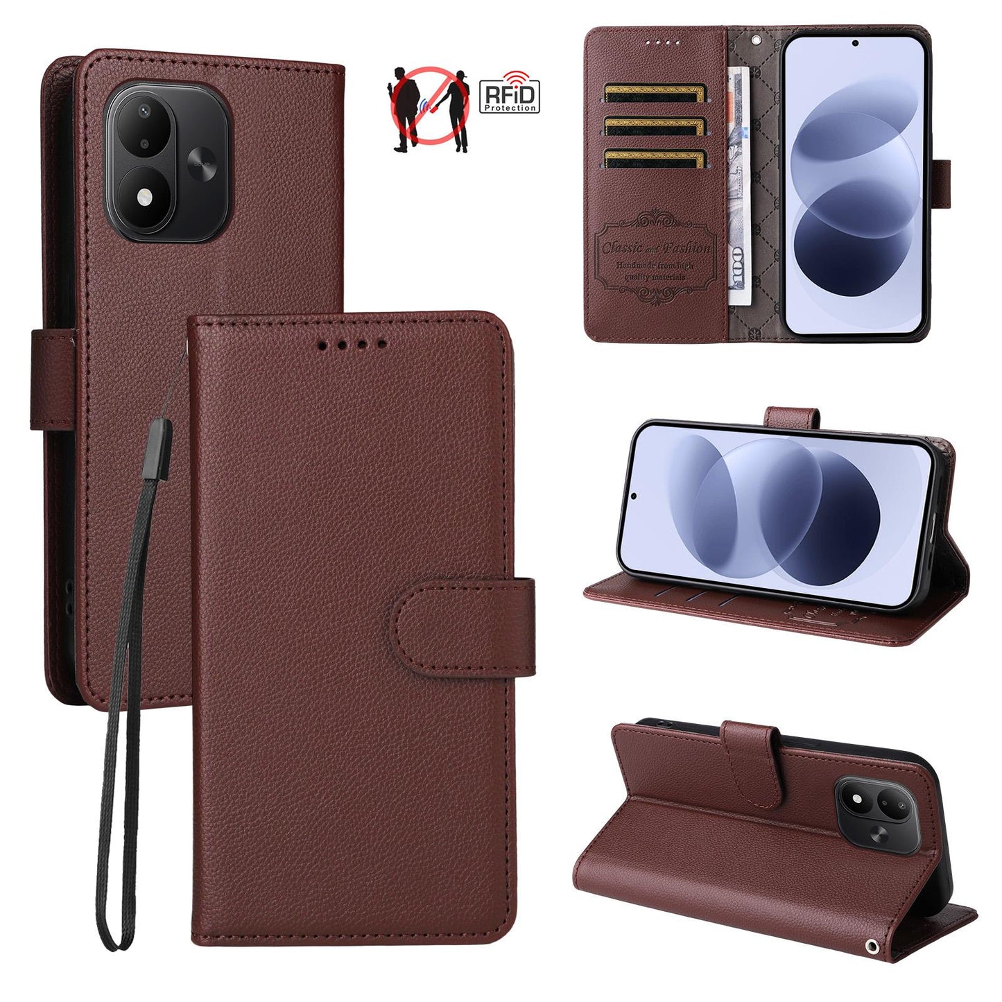 For Redmi Note 17 5G / 4G Global 171mm Litchi Texture RFID Blocking 3-Card Wallet Leather Phone Case(Brown)