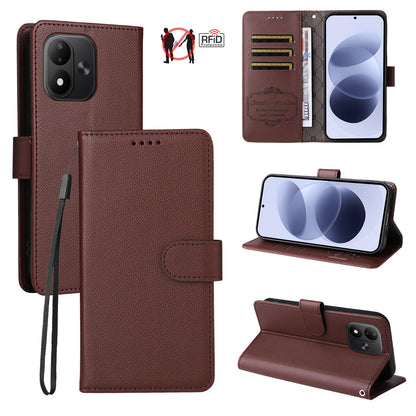 For Redmi Note 17 5G / 4G Global 171mm Litchi Texture RFID Blocking 3-Card Wallet Leather Phone Case(Brown)