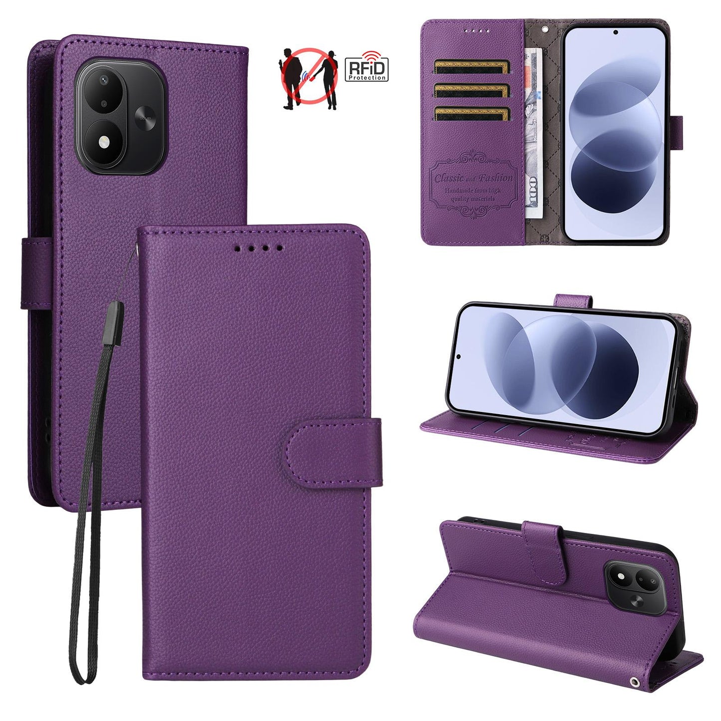 For Redmi Note 17 5G / 4G Global 171mm Litchi Texture RFID Blocking 3-Card Wallet Leather Phone Case(Purple)