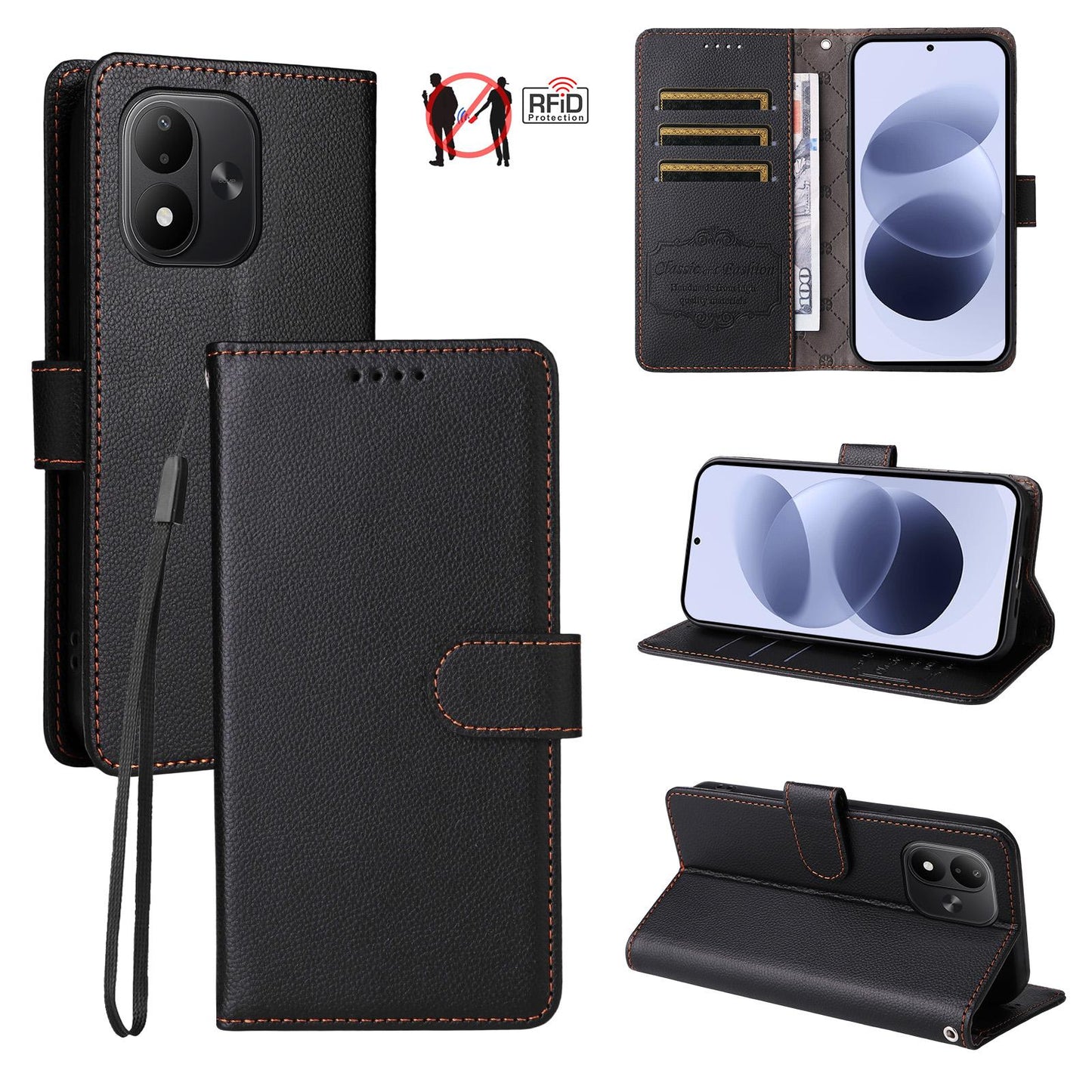 For Redmi Note 17 5G / 4G Global 171mm Litchi Texture RFID Blocking 3-Card Wallet Leather Phone Case(Black)