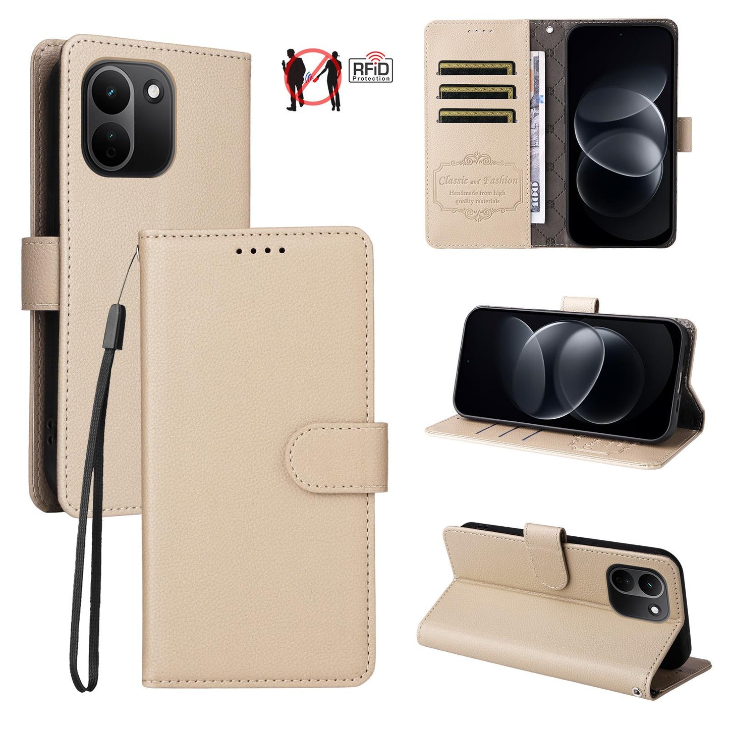 For Redmi Note 17 Pro+ 5G Global 163mm Litchi Texture RFID Blocking 3-Card Wallet Leather Phone Case(Beige)