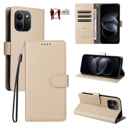 For Redmi Note 17 Pro+ 5G Global 163mm Litchi Texture RFID Blocking 3-Card Wallet Leather Phone Case(Beige)