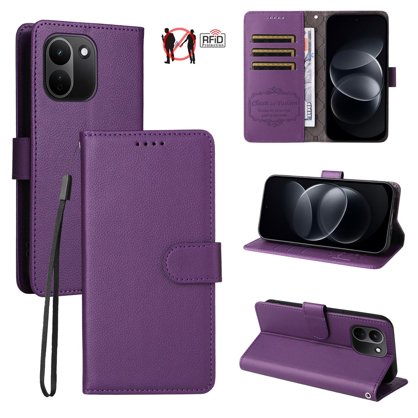 For Redmi Note 17 Pro+ 5G Global 163mm Litchi Texture RFID Blocking 3-Card Wallet Leather Phone Case(Purple)