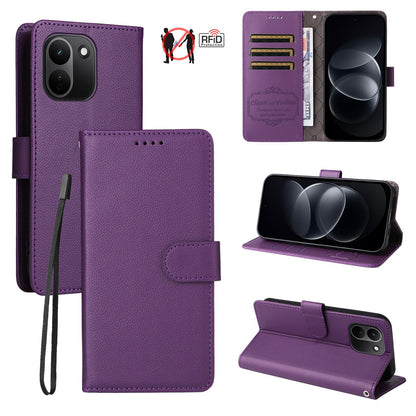 For Redmi Note 17 Pro+ 5G Global 163mm Litchi Texture RFID Blocking 3-Card Wallet Leather Phone Case(Purple)