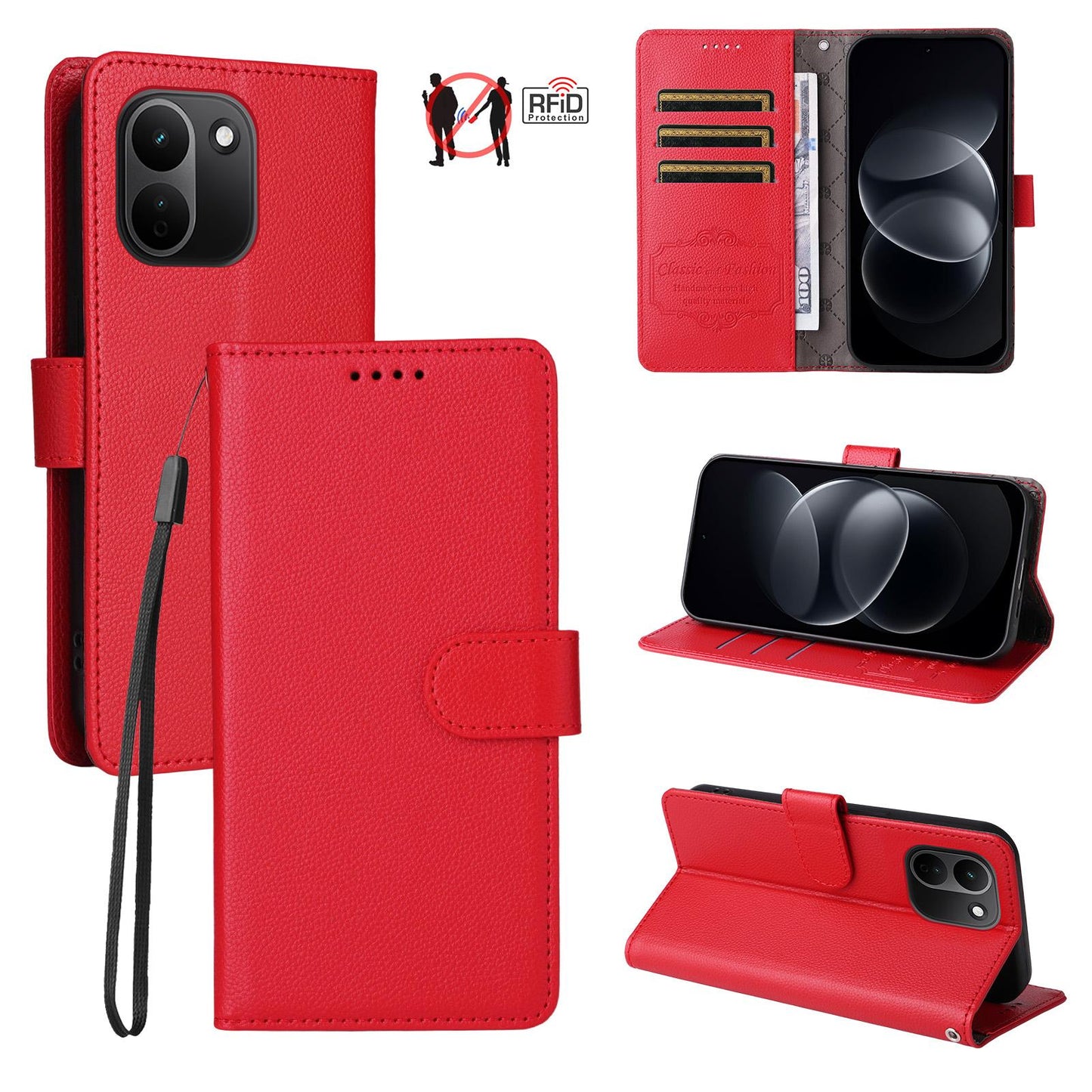 For Redmi Note 17 Pro+ 5G Global 163mm Litchi Texture RFID Blocking 3-Card Wallet Leather Phone Case(Red)