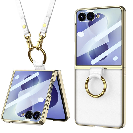 For Galaxy Z Flip8 5G GKK Integrated Electroplating Ring Leather Phone Case with Strap(White)