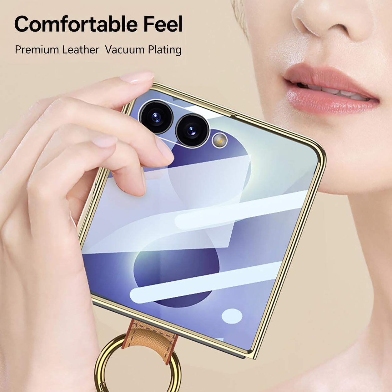 For Galaxy Z Flip8 5G GKK Integrated Electroplating Ring Leather Phone Case with Strap(White)