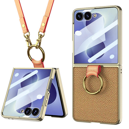 For Galaxy Z Flip8 5G GKK Integrated Electroplating Ring Leather Phone Case with Strap(Yellow)