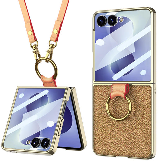 For Galaxy Z Flip8 5G GKK Integrated Electroplating Ring Leather Phone Case with Strap(Yellow)