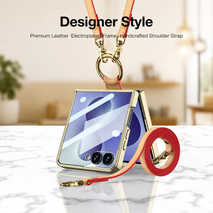 For Galaxy Z Flip8 5G GKK Integrated Electroplating Ring Leather Phone Case with Strap(Yellow)