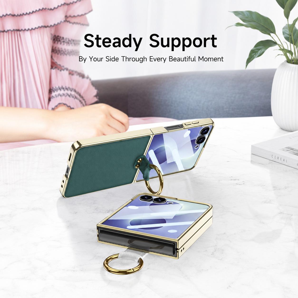 For Galaxy Z Flip8 5G GKK Integrated Electroplating Ring Leather Phone Case with Strap(Yellow)