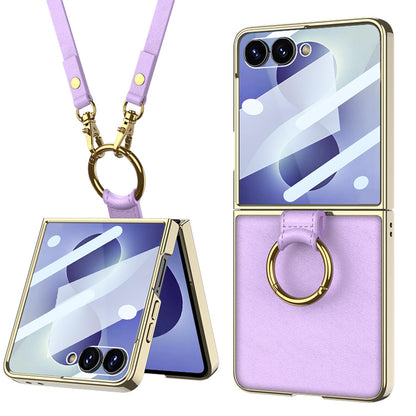 For Galaxy Z Flip8 5G GKK Integrated Electroplating Ring Leather Phone Case with Strap(Purple)