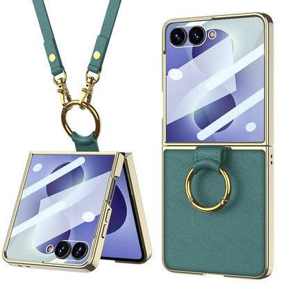For Galaxy Z Flip8 5G GKK Integrated Electroplating Ring Leather Phone Case with Strap(Green)