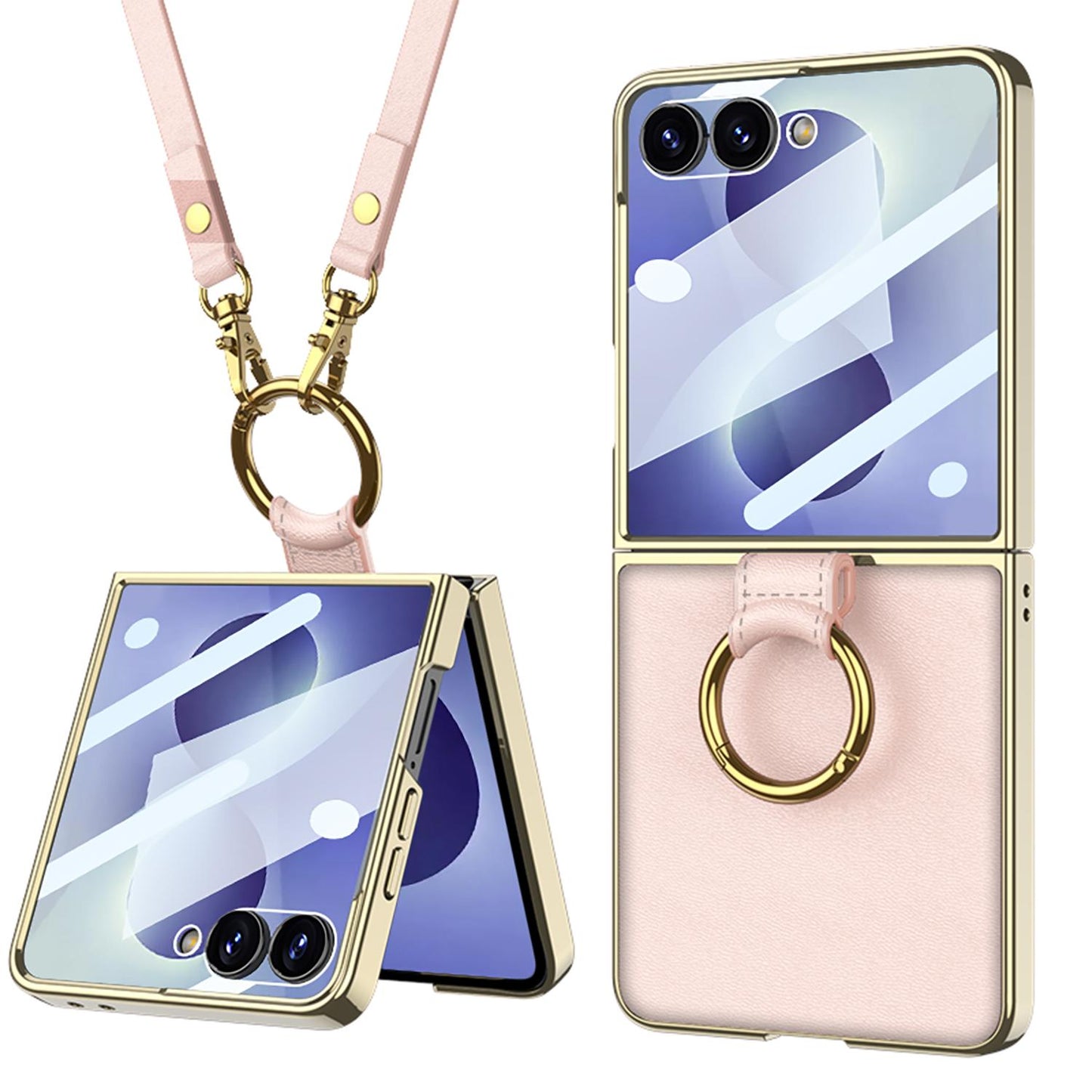 For Galaxy Z Flip8 5G GKK Integrated Electroplating Ring Leather Phone Case with Strap(Pink)