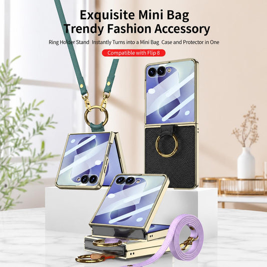 For Galaxy Z Flip8 5G GKK Integrated Electroplating Ring Leather Phone Case with Strap(Pink)