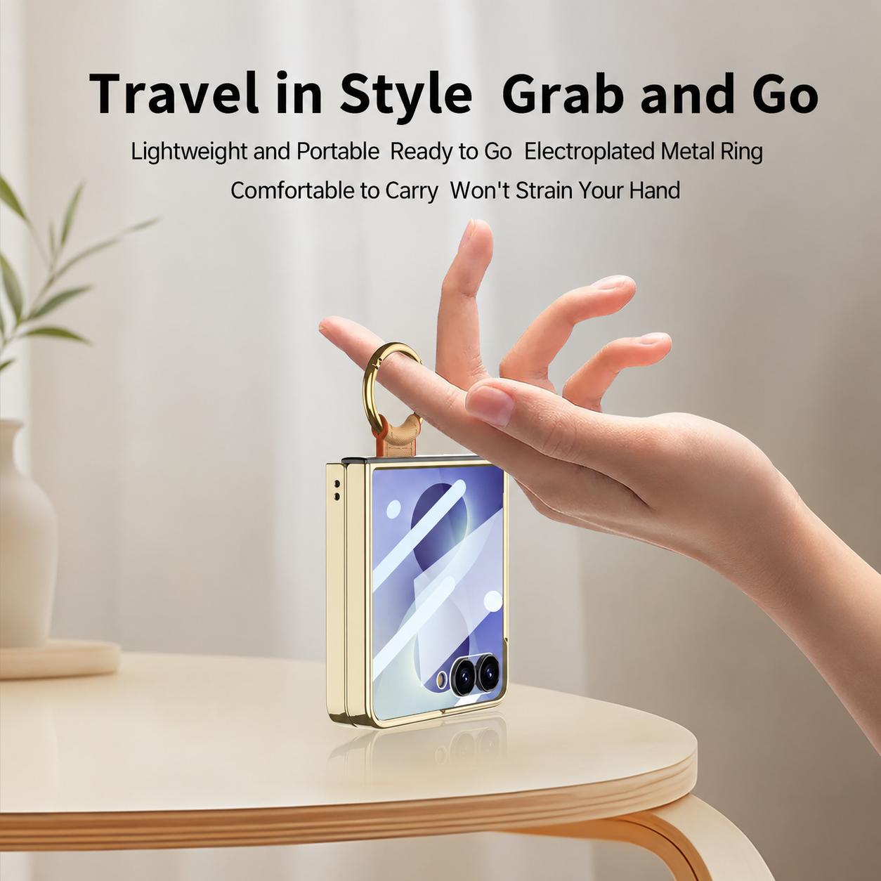 For Galaxy Z Flip8 5G GKK Integrated Electroplating Ring Leather Phone Case with Strap(Pink)