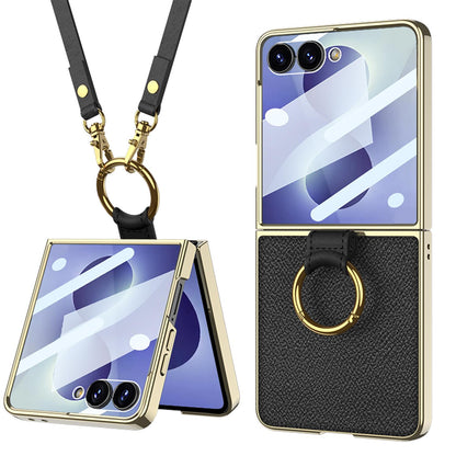For Galaxy Z Flip8 5G GKK Integrated Electroplating Ring Leather Phone Case with Strap(Black)
