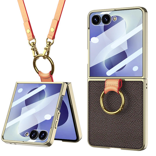 For Galaxy Z Flip8 5G GKK Integrated Electroplating Ring Leather Phone Case with Strap(Coffee)