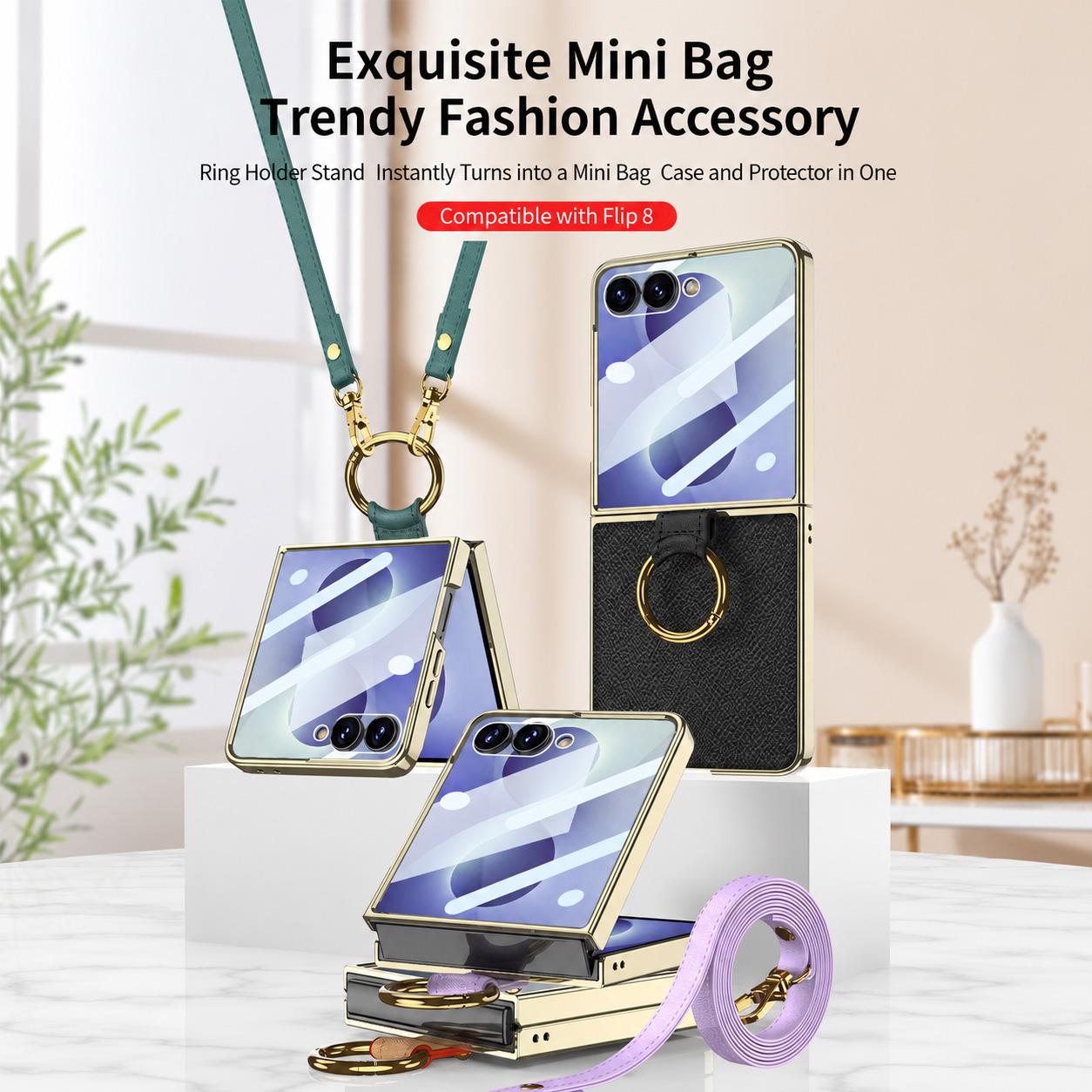 For Galaxy Z Flip8 5G GKK Integrated Electroplating Ring Leather Phone Case with Strap(Coffee)