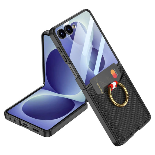 For Galaxy Z Flip8 5G GKK Integrated Ultra-thin Leather Card Slots Phone Case with Ring Holder(Carbon Fiber Black)