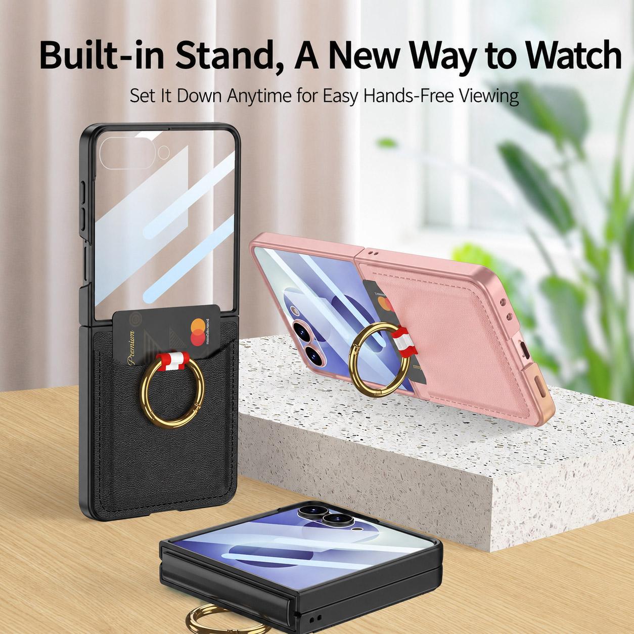 For Galaxy Z Flip8 5G GKK Integrated Ultra-thin Leather Card Slots Phone Case with Ring Holder(Carbon Fiber Black)