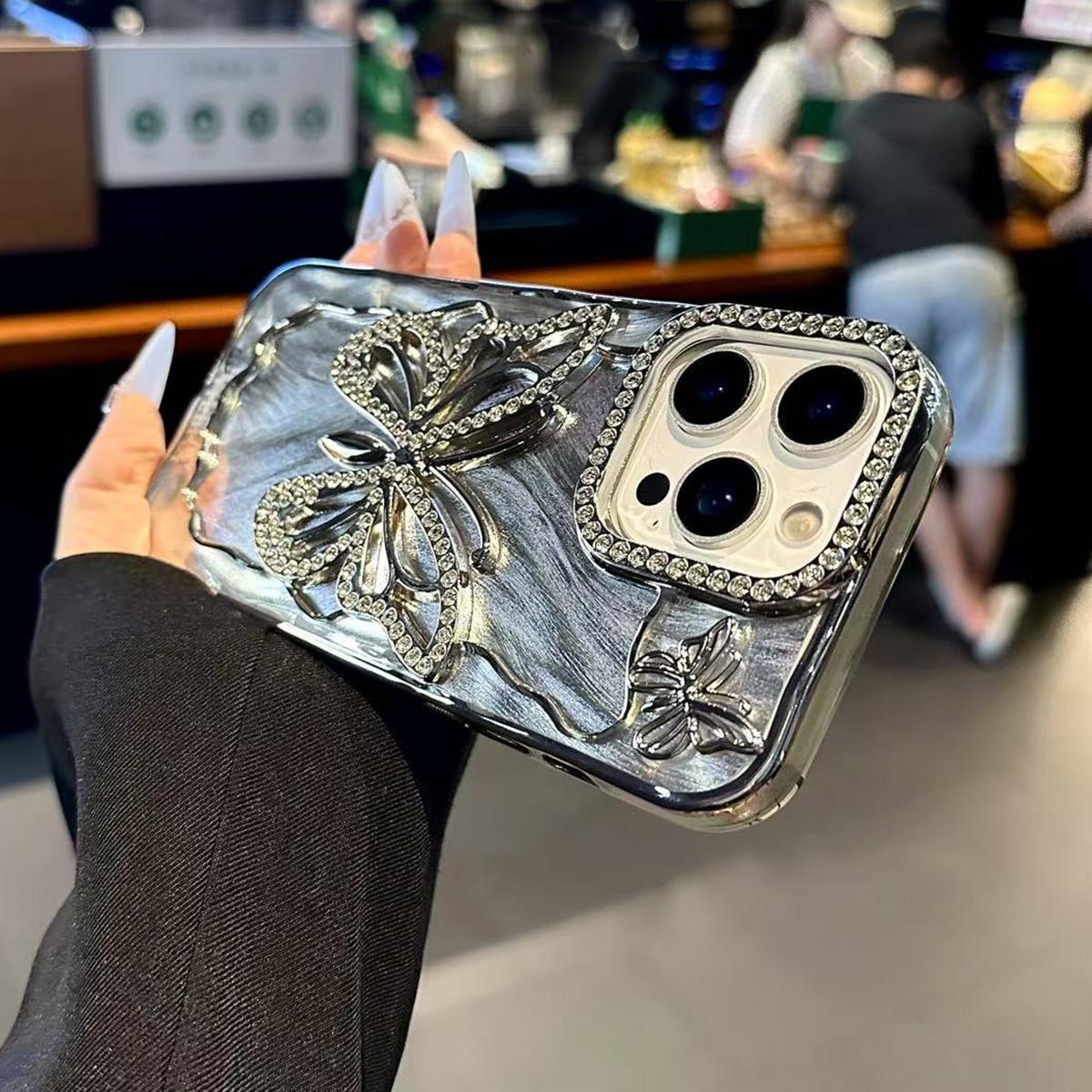 For iPhone 18 Pro Max Butterfly Electroplating TPU Phone Case with Epoxy Cardboard - Silver - EDA008560926A