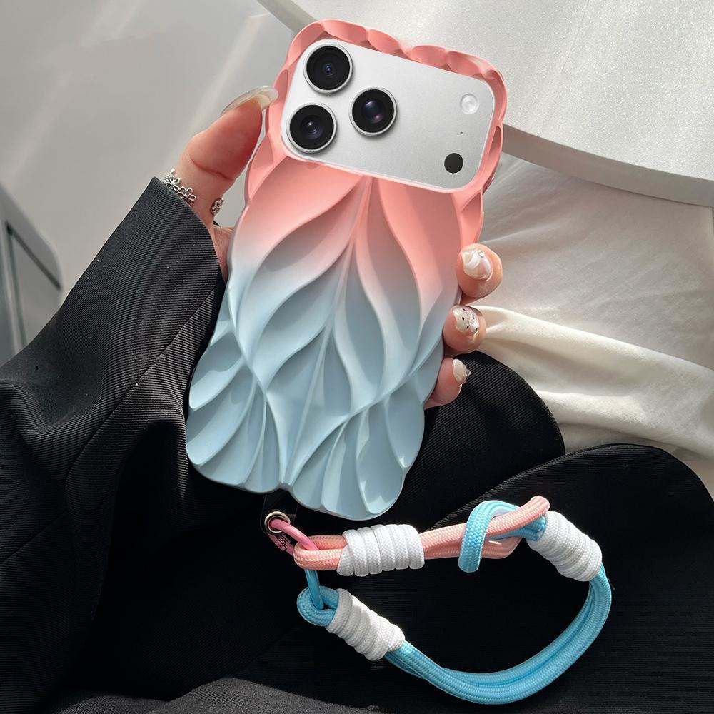 For iPhone 18 Pro Thickened 3D Leaf Pattern Two-Color Oil-Sprayed TPU Phone Case with Strap - Pink Blue - EDA008564422E