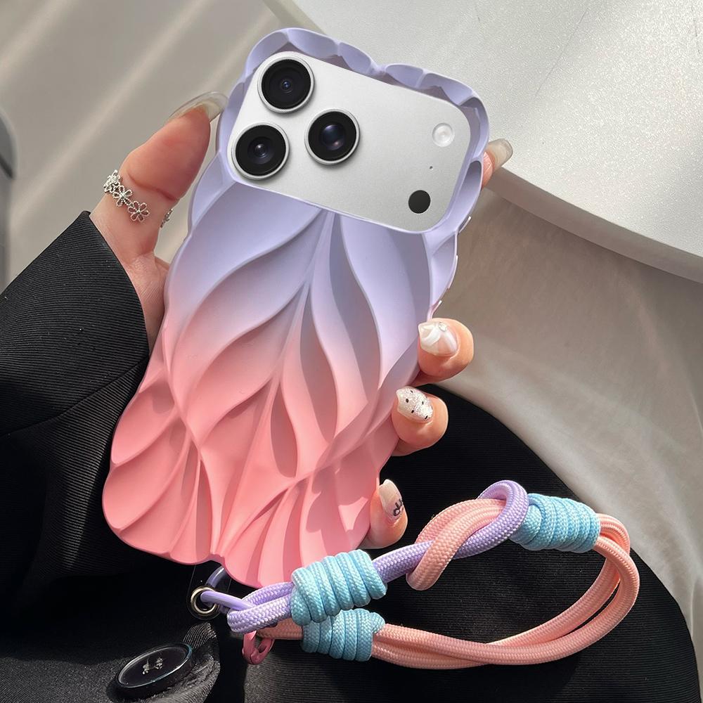For iPhone 17 Pro Max Thickened 3D Leaf Pattern Two-Color Oil-Sprayed TPU Phone Case with Strap - Purple Pink - EDA008564424C