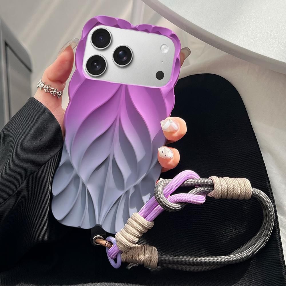 For iPhone 17 Pro Thickened 3D Leaf Pattern Two-Color Oil-Sprayed TPU Phone Case with Strap - Purple Grey - EDA008564425A