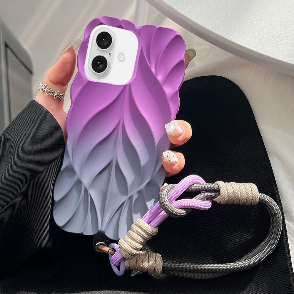 For iPhone 17 Thickened 3D Leaf Pattern Two-Color Oil-Sprayed TPU Phone Case with Strap - Purple Grey - EDA008564426A