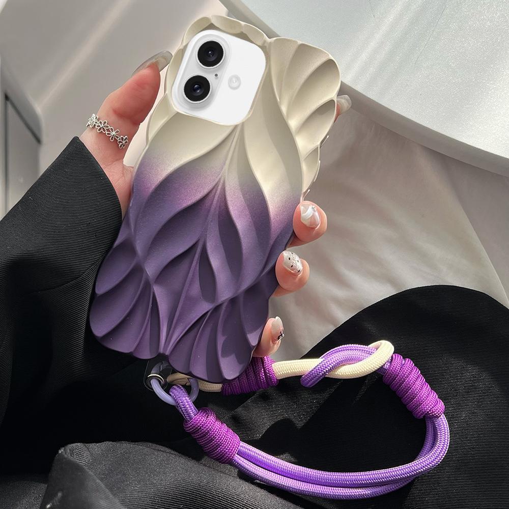 For iPhone 17 Thickened 3D Leaf Pattern Two-Color Oil-Sprayed TPU Phone Case with Strap - Purple Gold - EDA008564426B