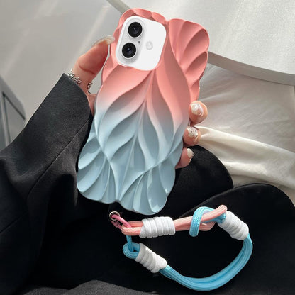 For iPhone 17 Thickened 3D Leaf Pattern Two-Color Oil-Sprayed TPU Phone Case with Strap - Pink Blue - EDA008564426E