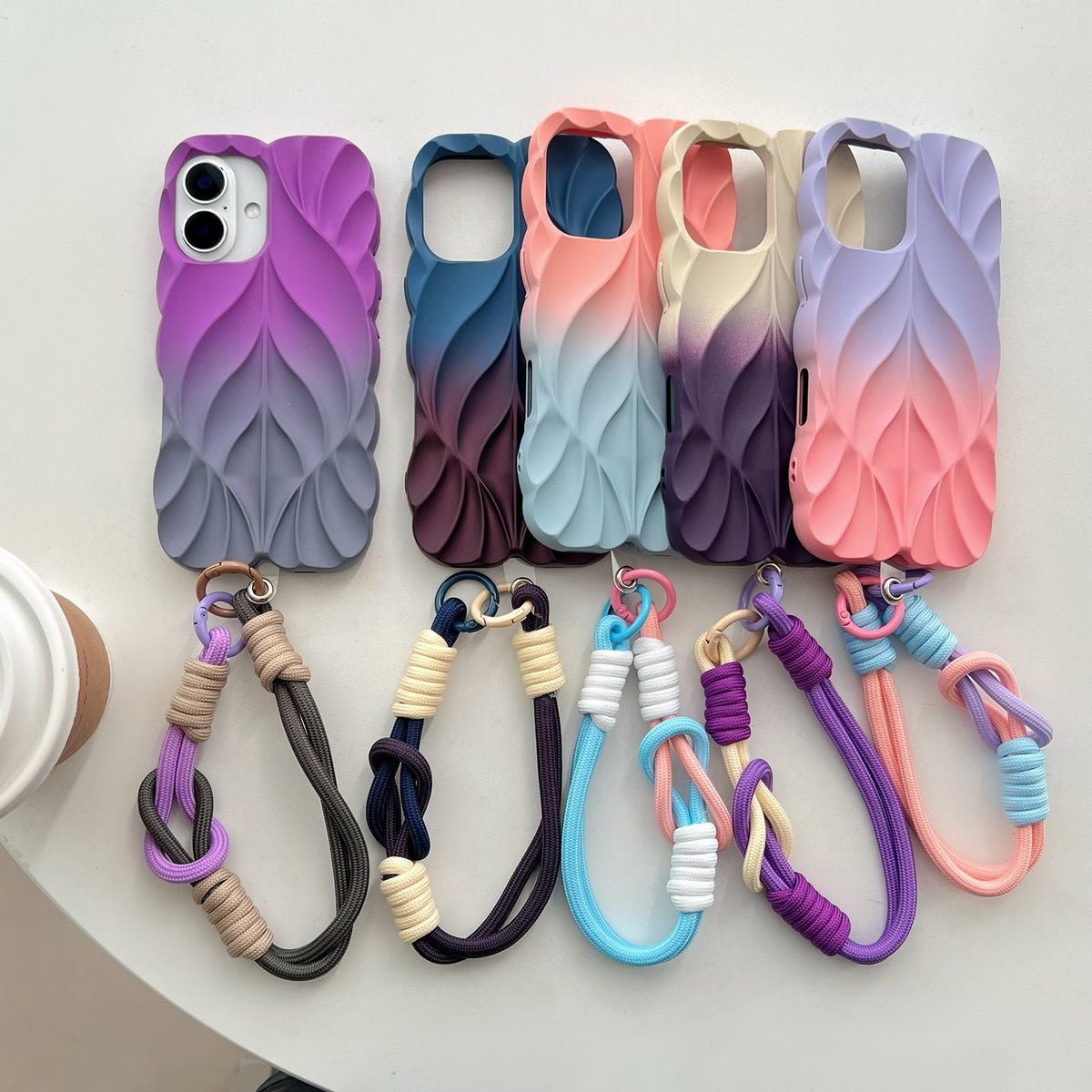 For iPhone 17 Thickened 3D Leaf Pattern Two-Color Oil-Sprayed TPU Phone Case with Strap - Purple Pink - EDA008564426C