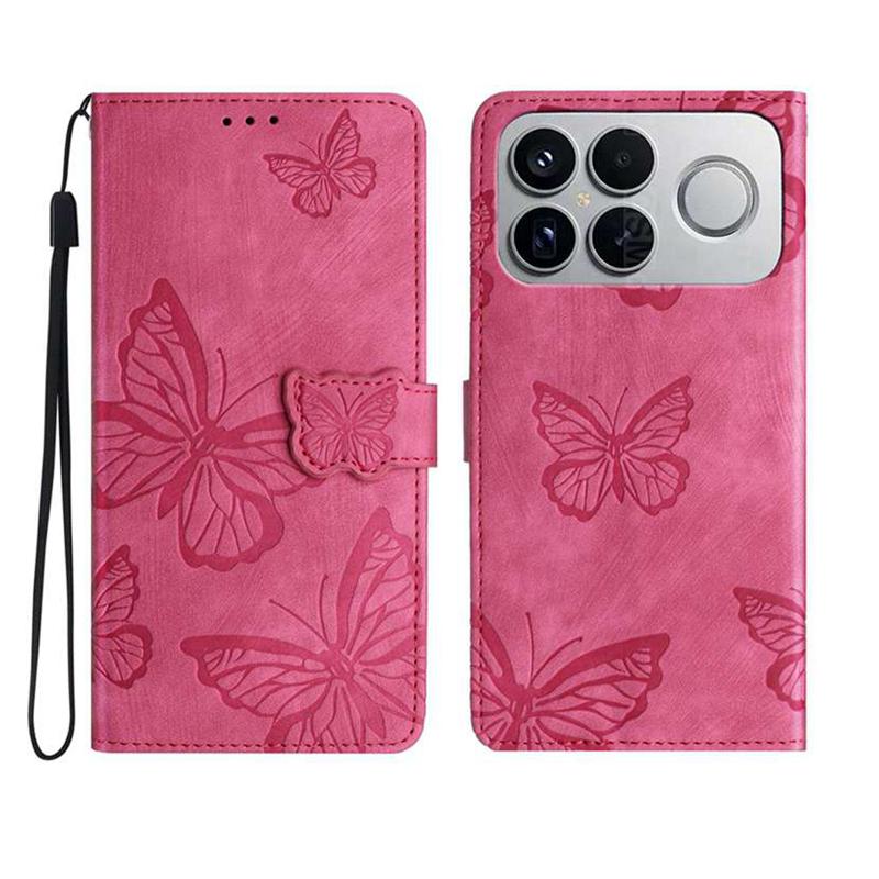 For Redmi K90 Pro Max / Poco F8 Ultra Skin-feel Embossed Butterfly Leather Phone Case(Rose Red)
