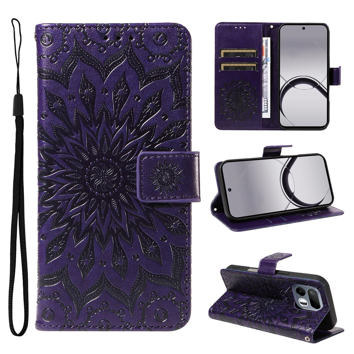 For Realme 16T 5G Embossed Sunflower Pattern Flip Leather Phone Case - Purple - EDA008625508A