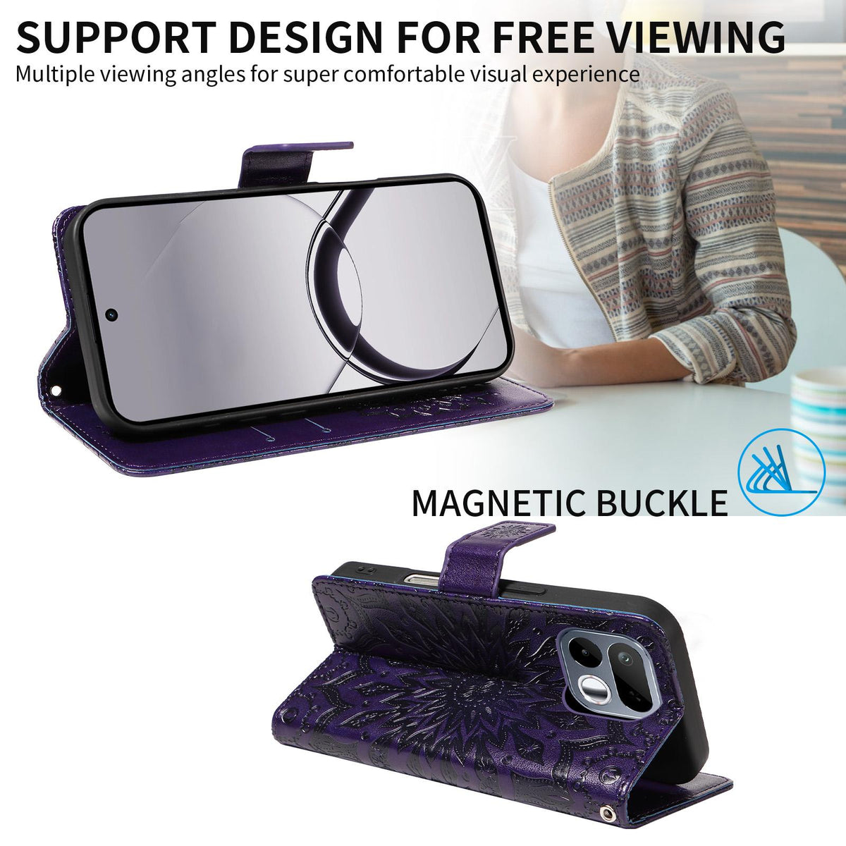 For Realme 16T 5G Embossed Sunflower Pattern Flip Leather Phone Case - Purple - EDA008625508A