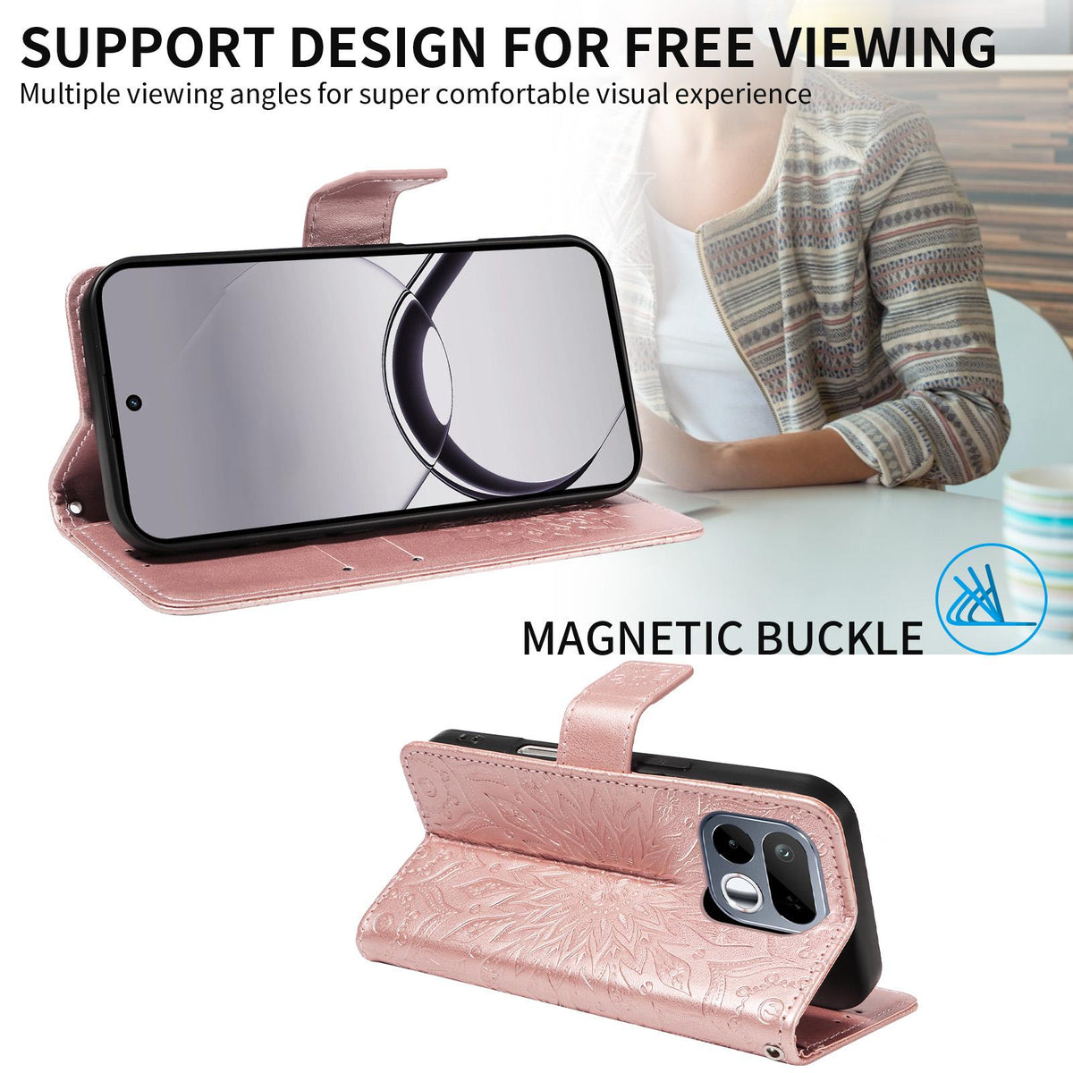 For Realme 16T 5G Embossed Sunflower Pattern Flip Leather Phone Case - Rose Gold - EDA008625508B