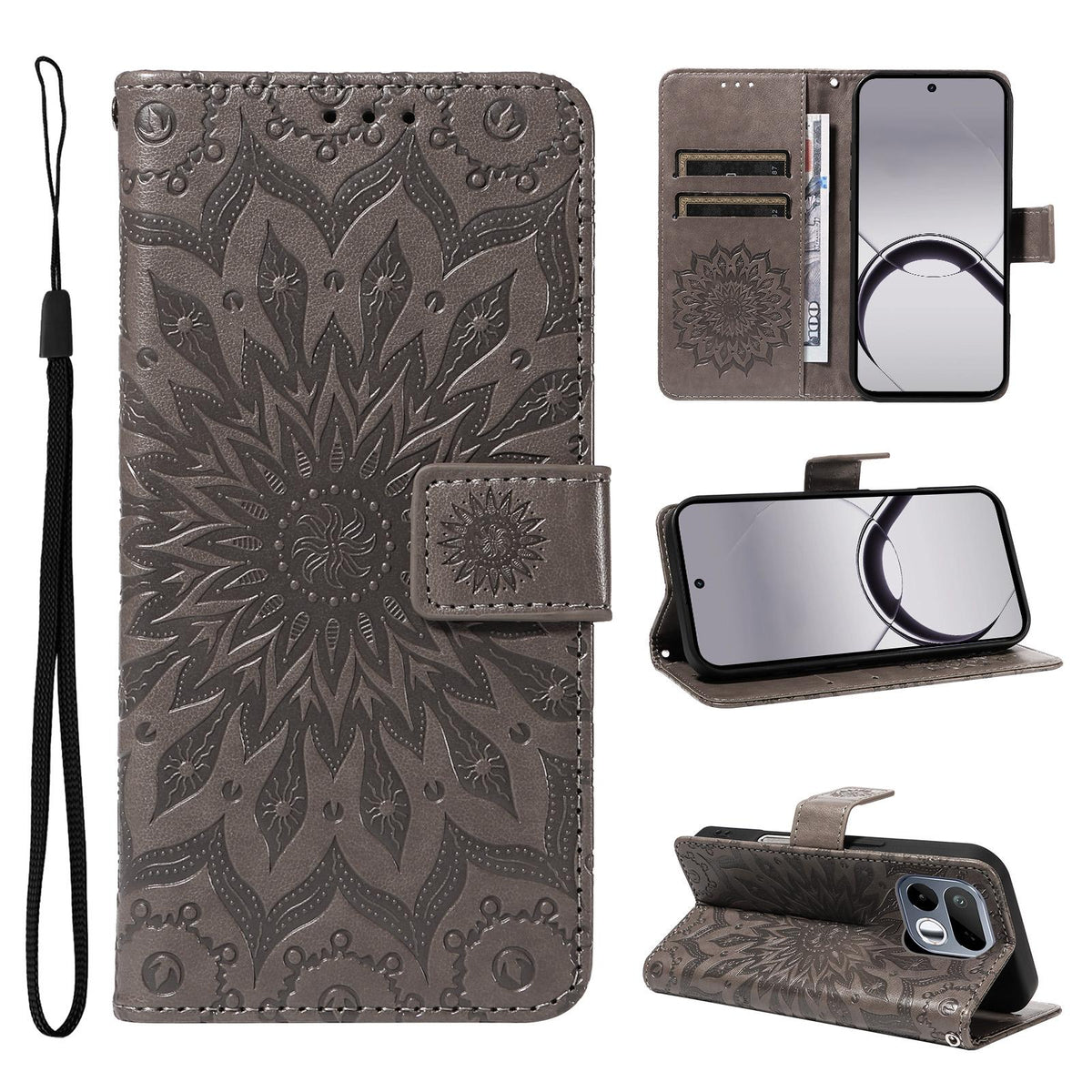 For Realme 16T 5G Embossed Sunflower Pattern Flip Leather Phone Case - Grey - EDA008625508C