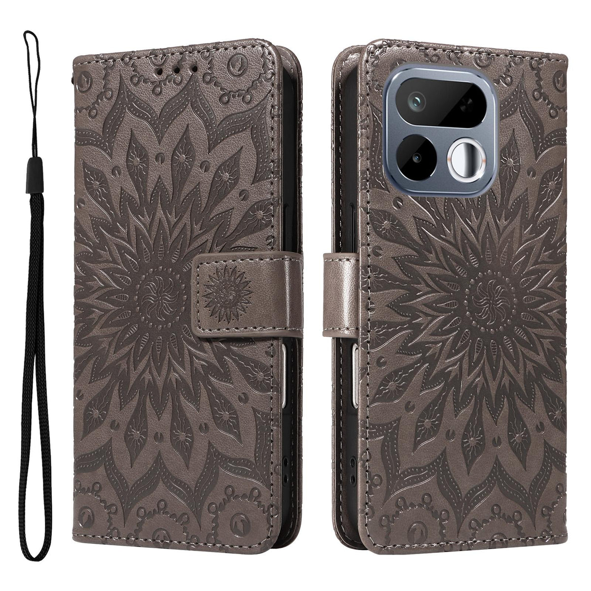 For Realme 16T 5G Embossed Sunflower Pattern Flip Leather Phone Case - Grey - EDA008625508C