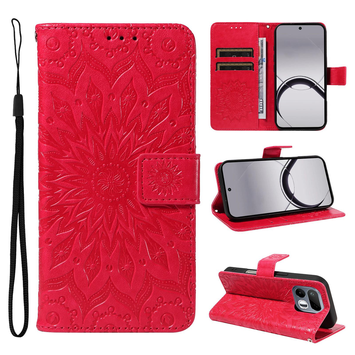 For Realme 16T 5G Embossed Sunflower Pattern Flip Leather Phone Case - Red - EDA008625508D
