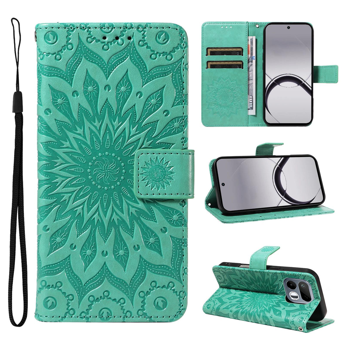 For Realme 16T 5G Embossed Sunflower Pattern Flip Leather Phone Case - Green - EDA008625508F