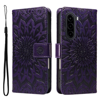 For Realme P4x 5G Embossed Sunflower Pattern Flip Leather Phone Case - Purple - EDA008625509A