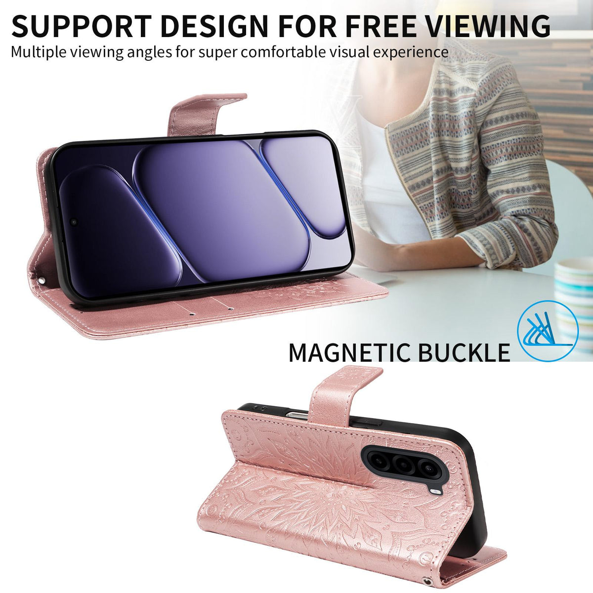 For Realme P4x 5G Embossed Sunflower Pattern Flip Leather Phone Case - Rose Gold - EDA008625509B
