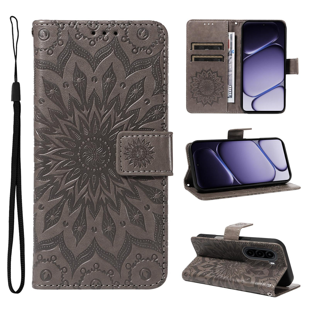 For Realme P4x 5G Embossed Sunflower Pattern Flip Leather Phone Case - Grey - EDA008625509C