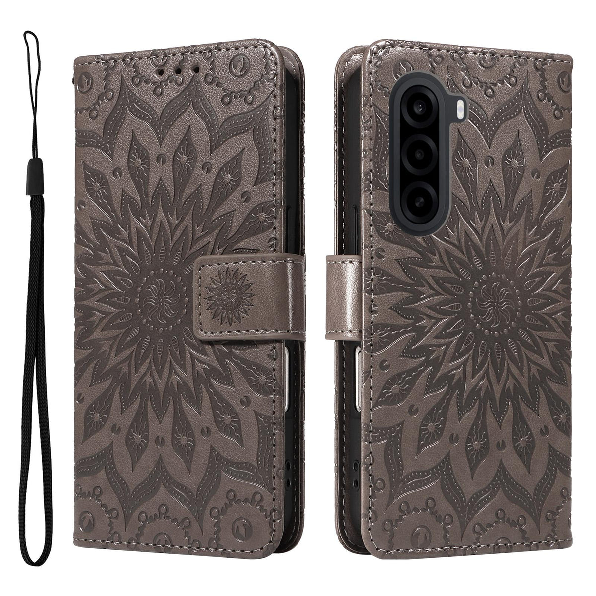 For Realme P4x 5G Embossed Sunflower Pattern Flip Leather Phone Case - Grey - EDA008625509C