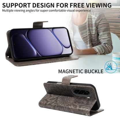 For Realme P4x 5G Embossed Sunflower Pattern Flip Leather Phone Case - Grey - EDA008625509C