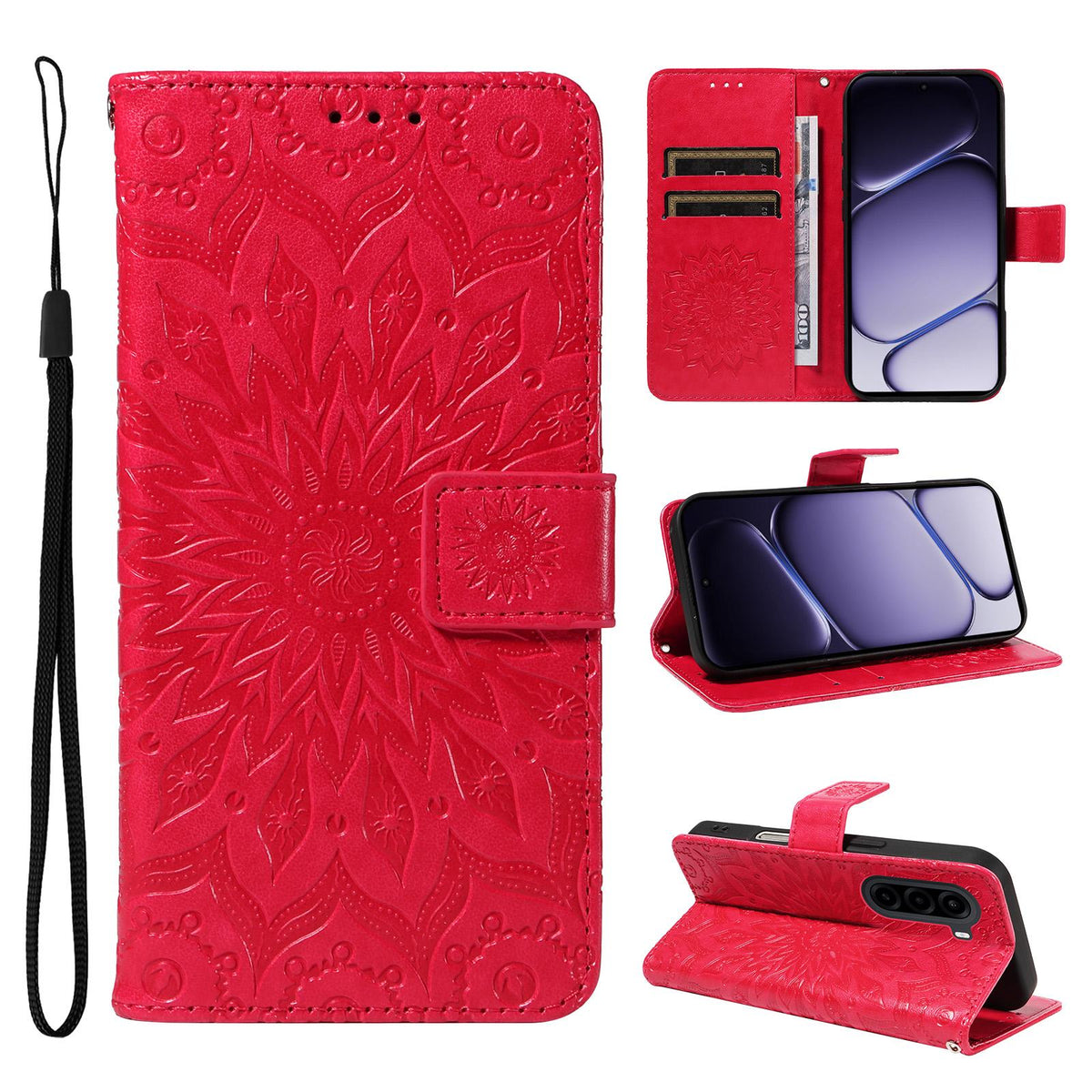 For Realme P4x 5G Embossed Sunflower Pattern Flip Leather Phone Case - Red - EDA008625509D
