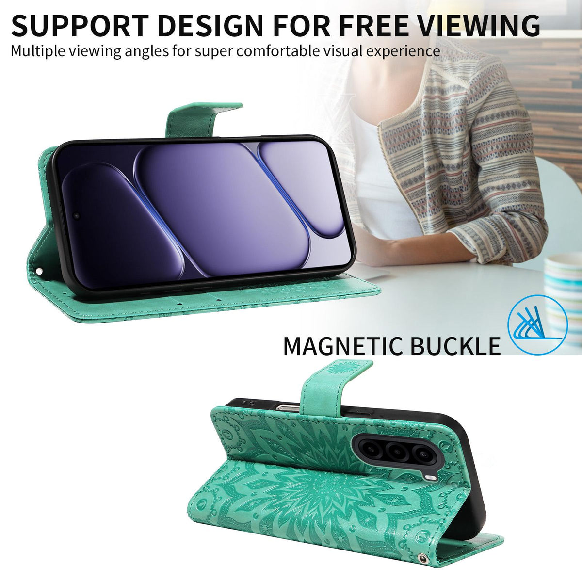 For Realme P4x 5G Embossed Sunflower Pattern Flip Leather Phone Case - Green - EDA008625509F