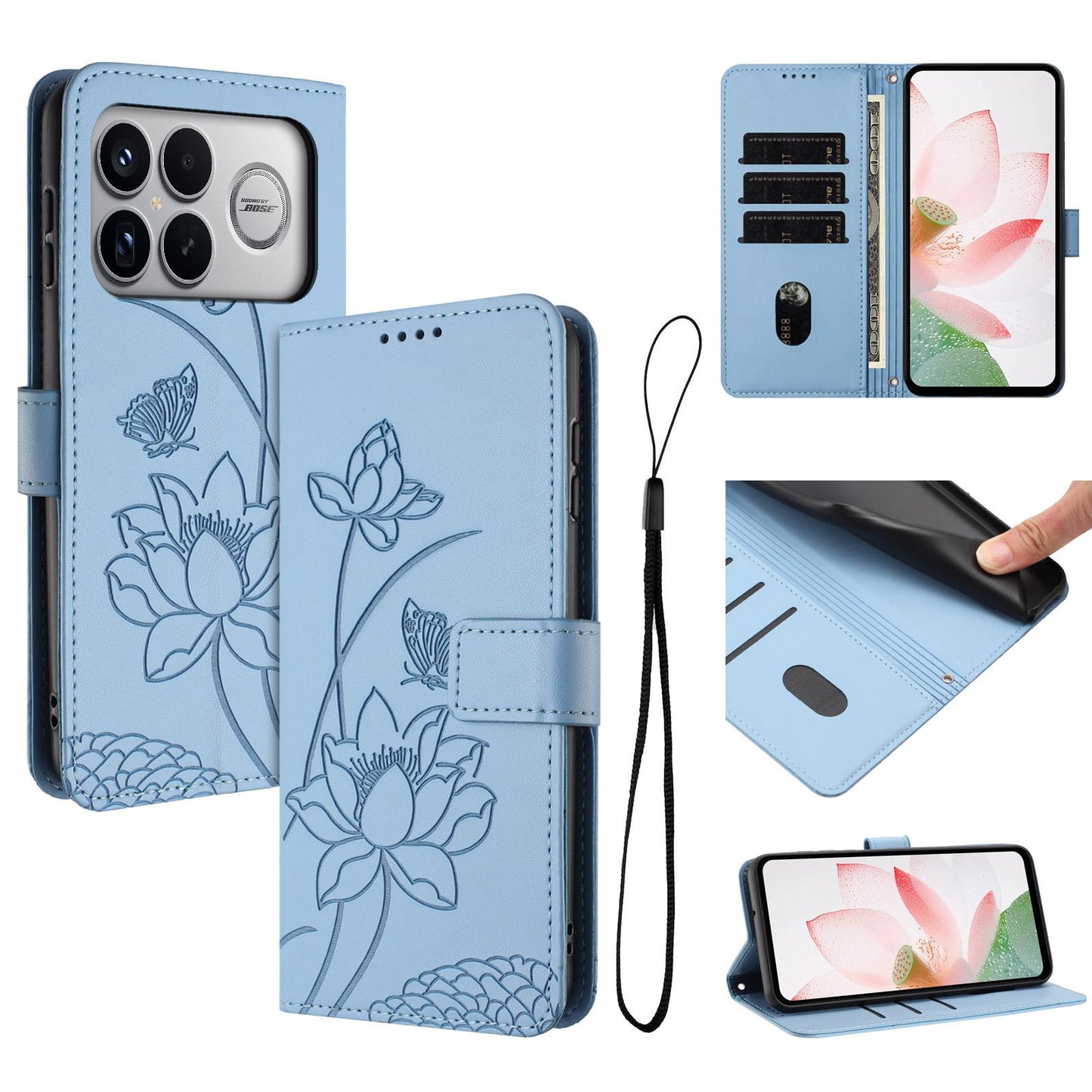For Redmi K90 Pro Max / Poco F8 Ultra Lotus Embossed Leather Phone Case with Lanyard(Blue)