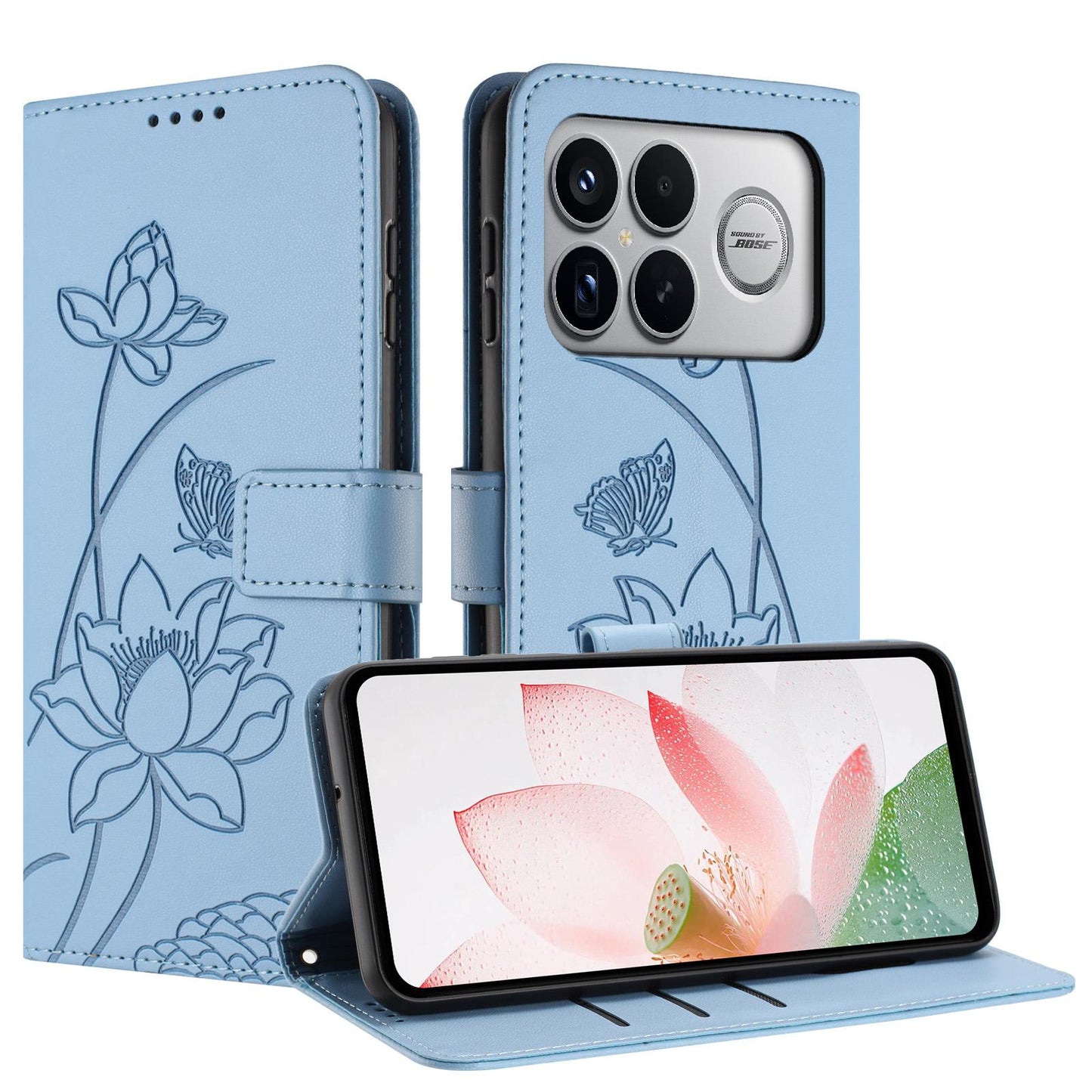 For Redmi K90 Pro Max / Poco F8 Ultra Lotus Embossed Leather Phone Case with Lanyard(Blue)